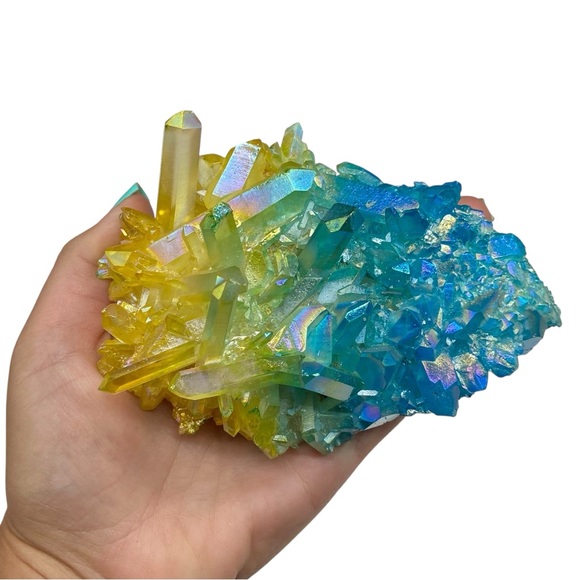 Aura Quartz Crystal Cluster Yellow Blue Clear Iridescent Stone Display Gift - Picture 9 of 10